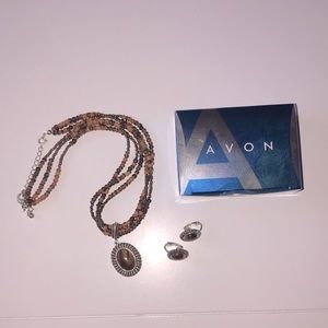 AVON vintage tigers eye necklace and clip earring set